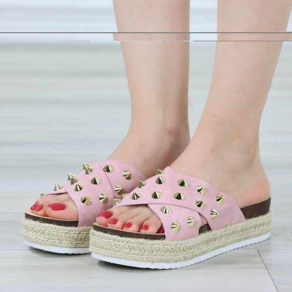 Pink Platform Sandals Nubuck Espadrille Heel Gold Metal Stud Slip On Sliders - Picture 6 of 12